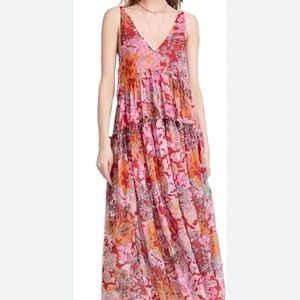 Free People Pink & Orange Floral Tiered Maxi Skirt
